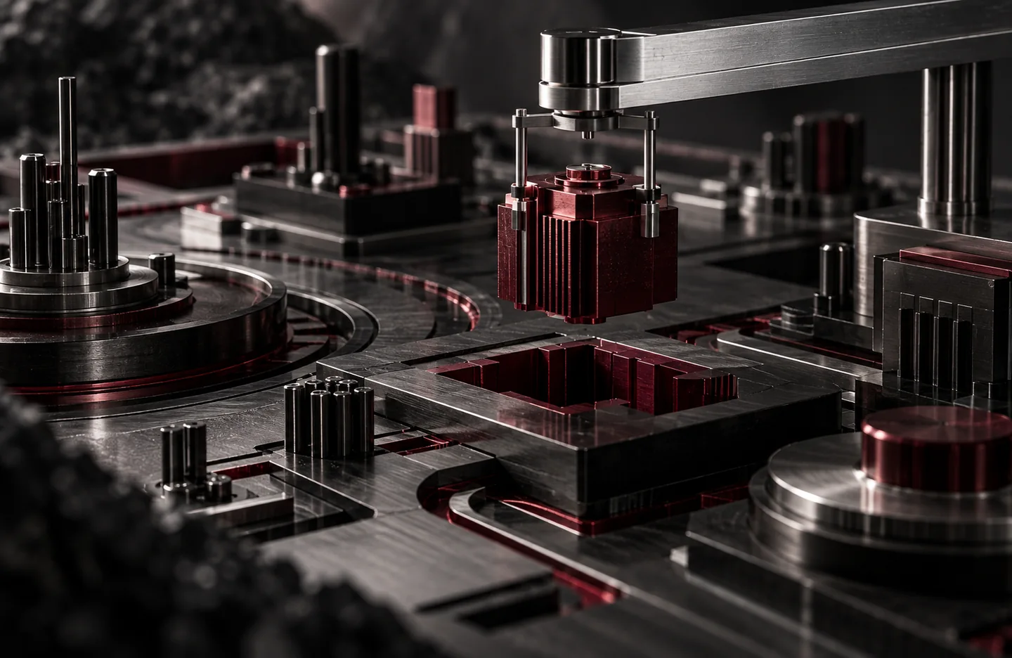 Agentic cyber-range engineering — conceptual artwork in graphite, silver and burgundy.