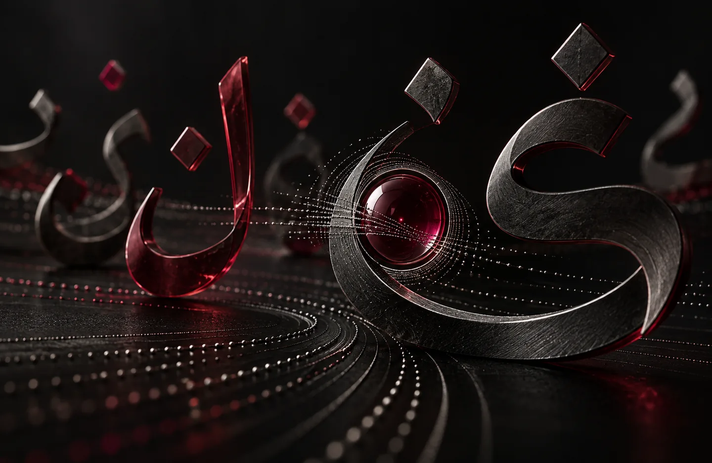 Arabic investment assistant — conceptual artwork in graphite, silver and burgundy.