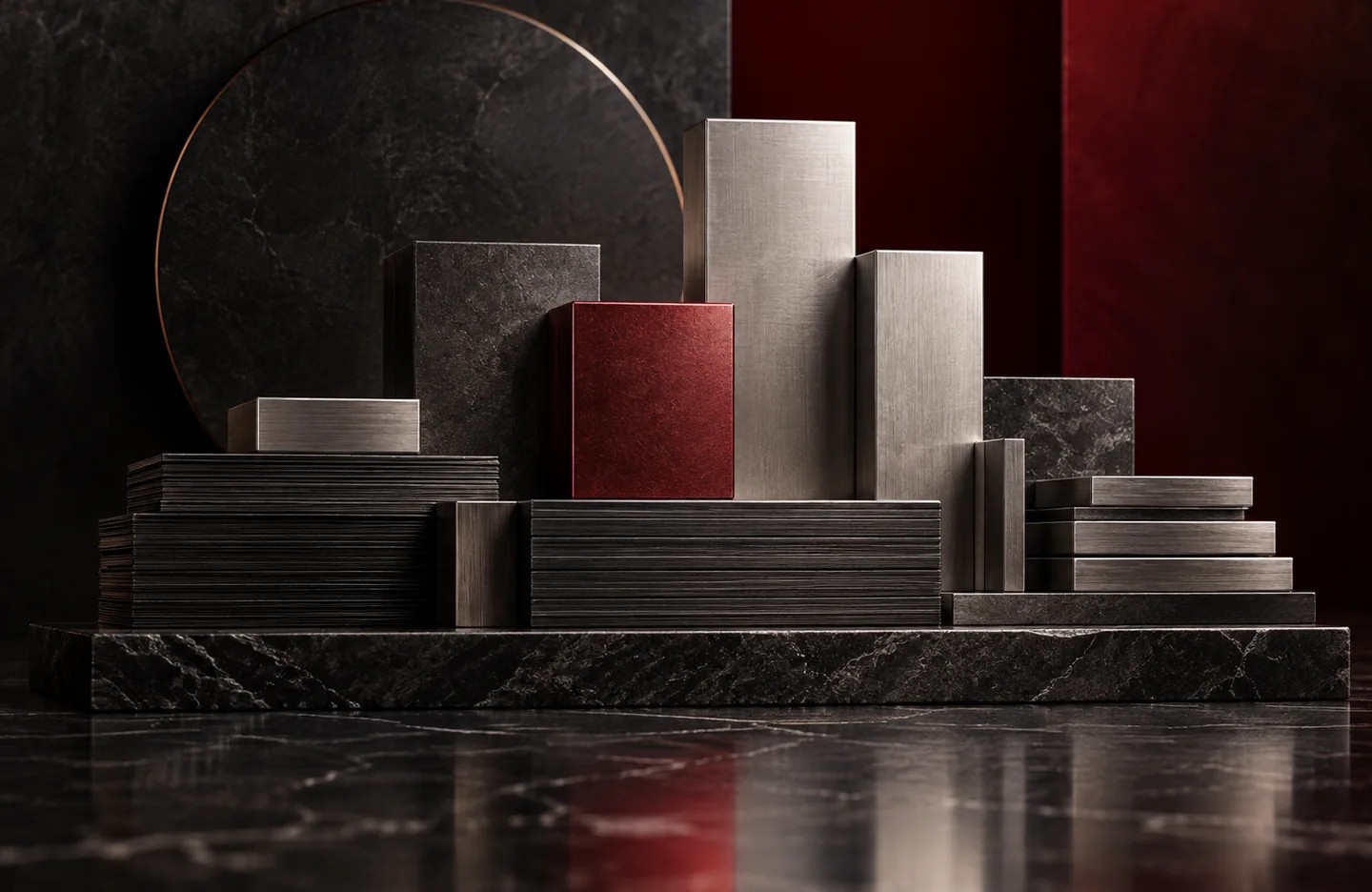 Budgetary analysis dashboards — conceptual artwork in graphite, silver and burgundy.