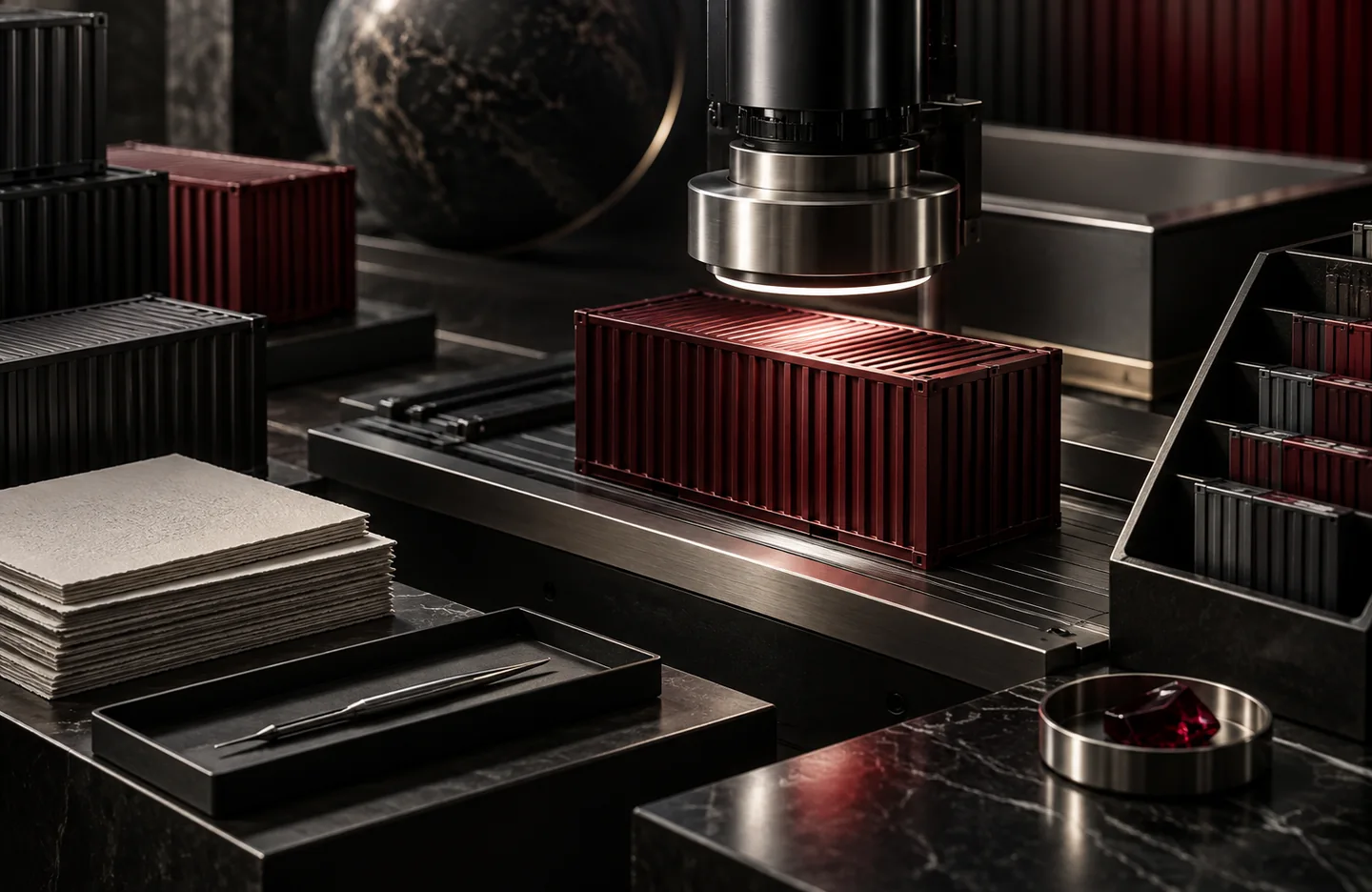 Customs AI and risk systems — conceptual artwork in graphite, silver and burgundy.