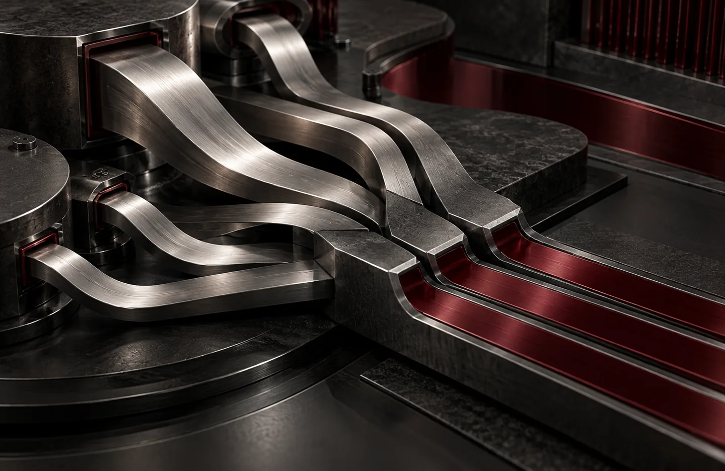 SAP-to-Azure data engineering — conceptual artwork in graphite, silver and burgundy.