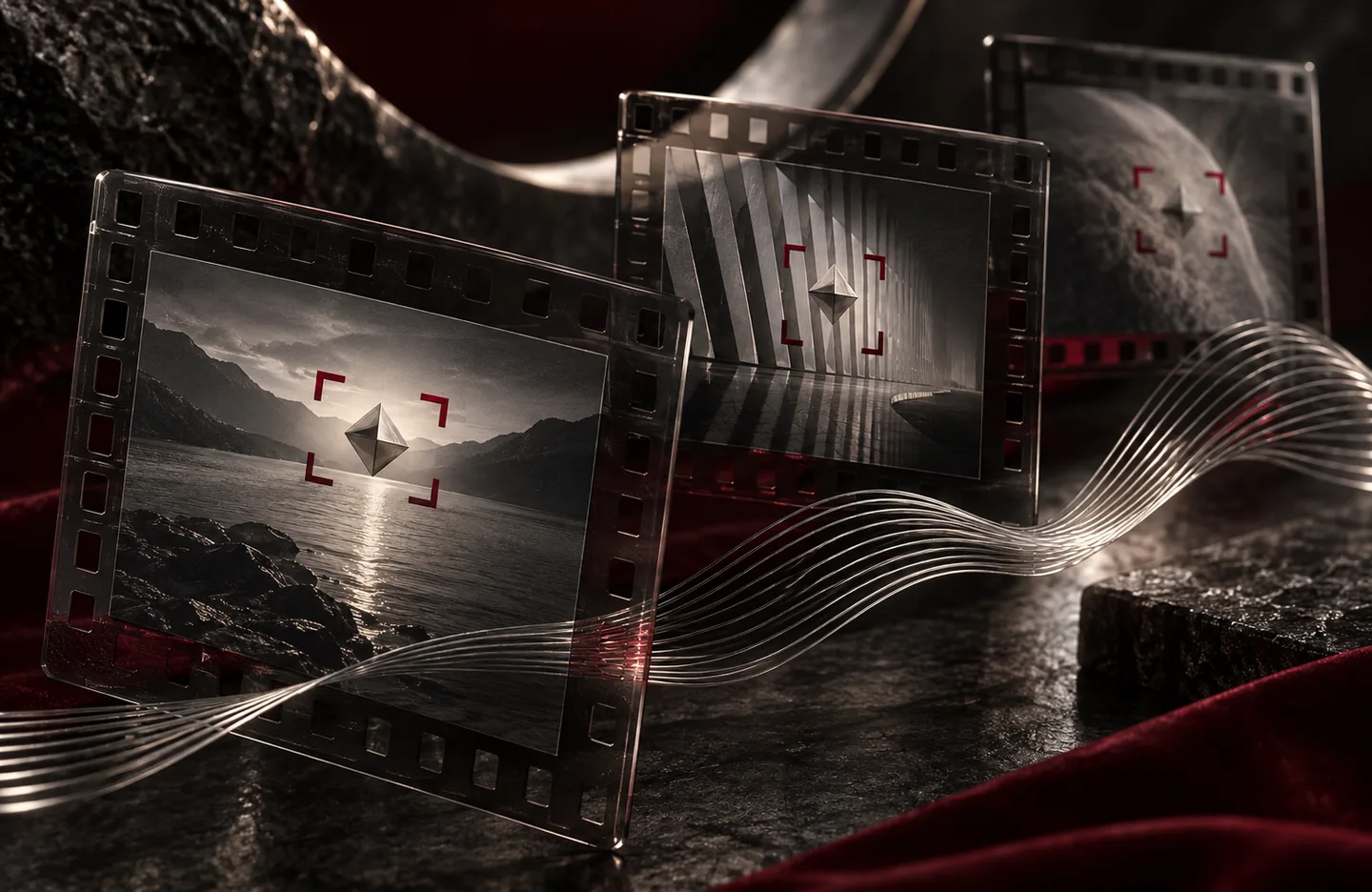Multimodal logo detection — conceptual artwork in graphite, silver and burgundy.