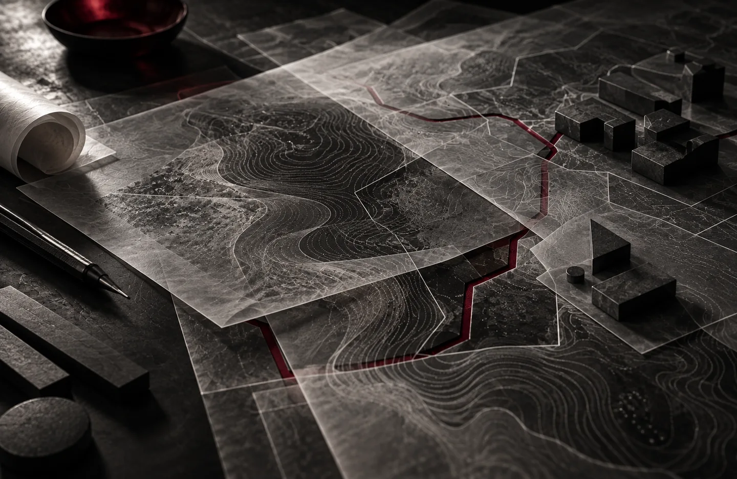Public-investment digitisation roadmap — conceptual artwork in graphite, silver and burgundy.