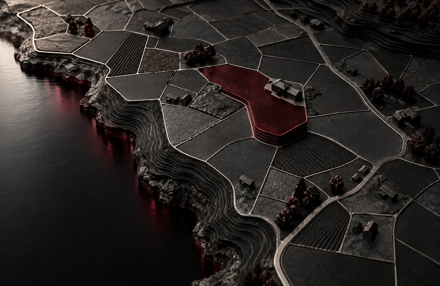 Property-tax GIS and case management — conceptual artwork in graphite, silver and burgundy.