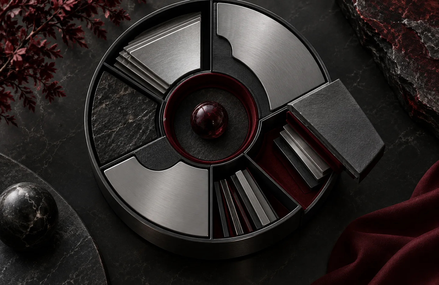 Revenue data governance — conceptual artwork in graphite, silver and burgundy.