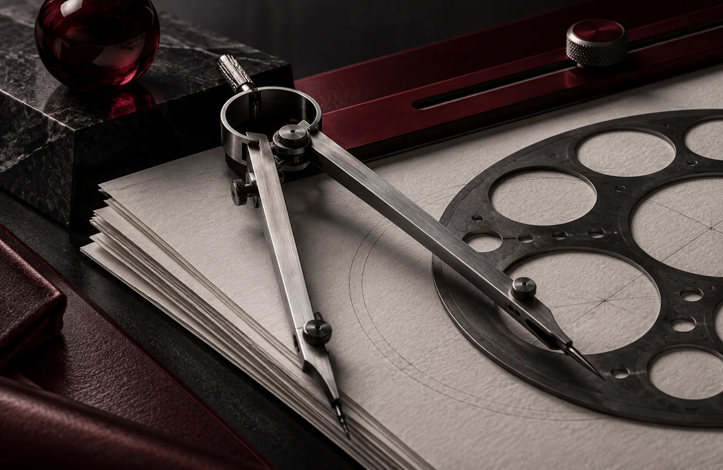 UNIDO–PAIDAR performance-management design — conceptual artwork in graphite, silver and burgundy.