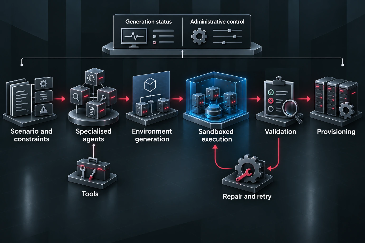 Explanatory cyber-range engineering diagram: scenario constraints guide agents and tools through environment generation, sandboxed execution and validation, with a repair-and-retry path before provisioning and a shared generation-status and administrative context.