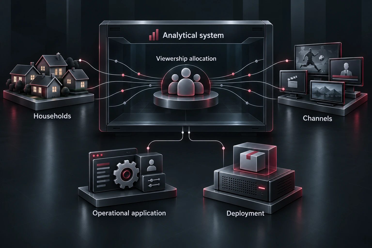Explanatory viewership-allocation system relating anonymous households and channels, with operational application and deployment functions.